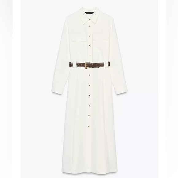 Zara Belted Crepe White Midi Dress - Picture 3 of 6